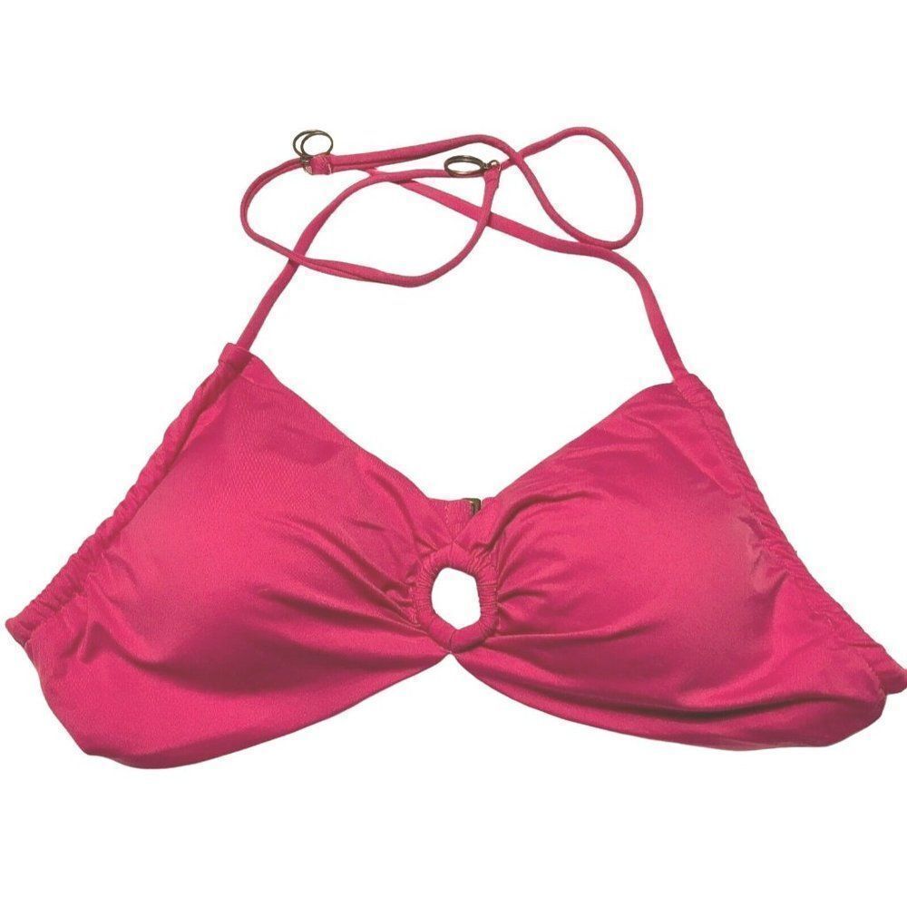 Soluna Halter Bikini Top Gathered Peephole Detail Ties @ Neck Pink Sz M NEW